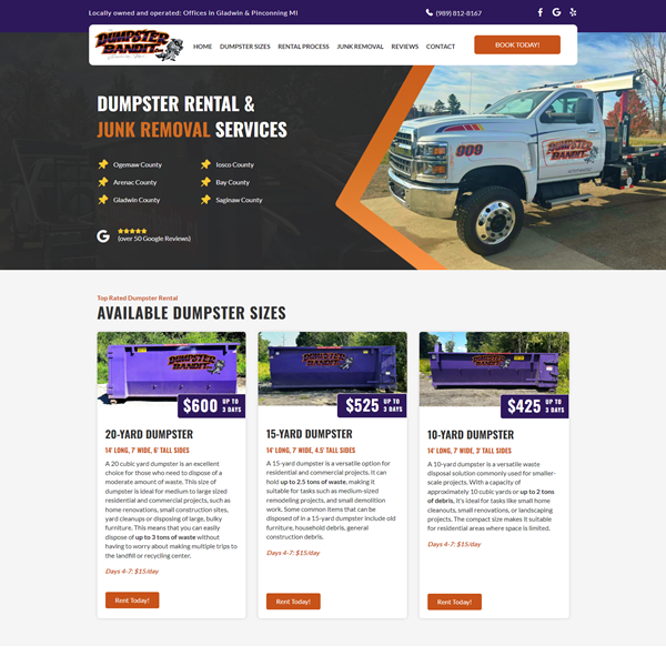 Website page for dumpster rental and junk removal services